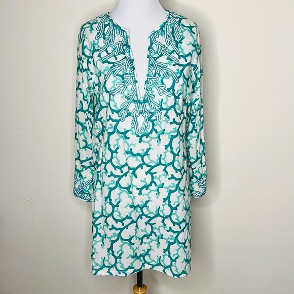 Barbara Gerwit White and Teal Beaded Cover Up Tunic - Picture 1 of 7